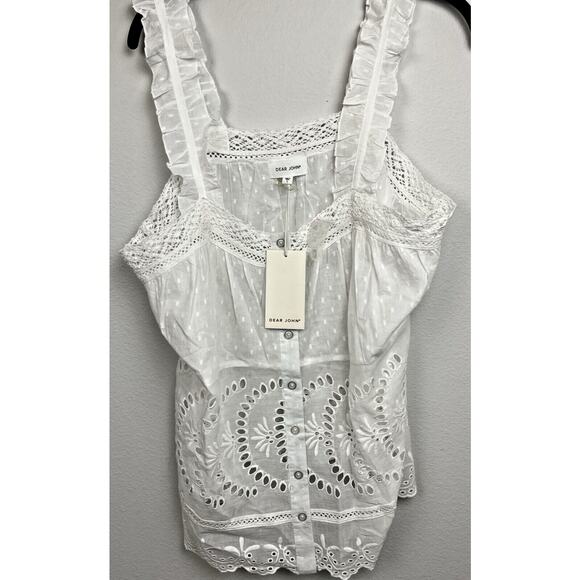 Dear John Tops - Dear John White Raw Edges Eyelet Sleeveless Shirt/Tan Size Large NWT